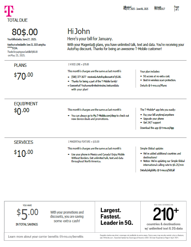 USA T mobile utility bill template in Word and PDF formats, version 3